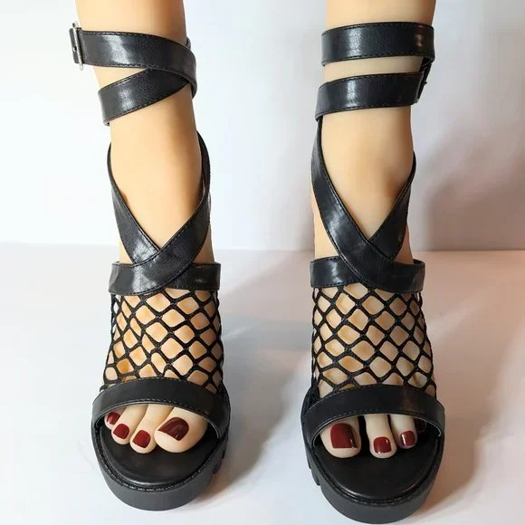 Cape Robbin Black Netted Strappy Chunky High Heels - Picture 3 of 13